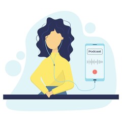  The girl listens to the podcast with headphones. Girl with a phone and headphones. Podcast phone.