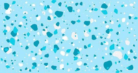 Venetian terrazzo seamless stone fragments pattern in blue white mint color. Modern minimalistic trendy floor tile abstract background