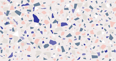 Venetian terrazzo seamless stone fragments pattern in pink peach blue purple color. Modern minimalistic trendy floor tile abstract background