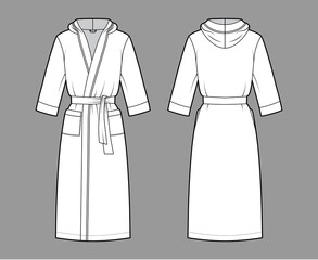 Bathrobes hooded Dressing gown technical fashion illustration with wrap opening, knee length, tie, pocket, elbow sleeves. Flat garment apparel front, back, white color. Women, men, unisex CAD mockup