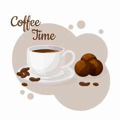 Obraz premium Cup of coffee and chokladboll. Coffee time concept. Isolated hand drawn vector illustration of cute breakfast food. 