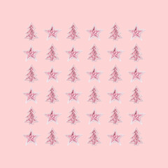 Creative Christmas pattern with pink toy Christmas tree stars with shiny sequins inscribed in square on pink background