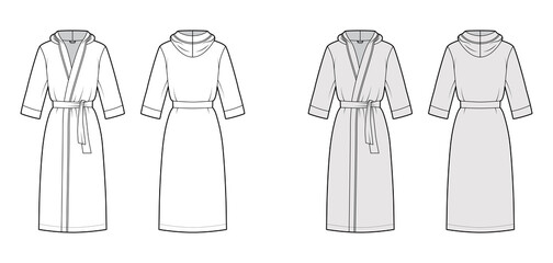 Bathrobes hooded Dressing gown technical fashion illustration with wrap opening, knee length, oversized, tie, elbow sleeves. Flat garment apparel front, back, white grey color. Women, men, CAD mockup