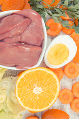 Different ingredients containing vitamin A, natural minerals and fiber, healthy nutritious eating