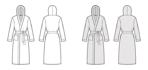 Bathrobes hooded Dressing gown technical fashion illustration with knee length, oversized, tie, pocket, long sleeves. Flat garment apparel front, back, white grey color. Women, men, unisex CAD mockup - obrazy, fototapety, plakaty