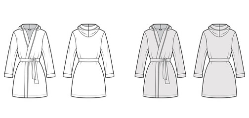 Hooded Bathrobe Dressing gown technical fashion illustration with wrap opening, mini length, oversized, tie, long sleeves. Flat garment front, back, white grey color style. Women, men, unisex mockup