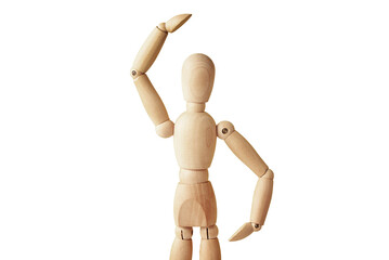Wooden doll with gesture isolated on white background. Mannequin shows gesture. Figure of wooden human with copy space