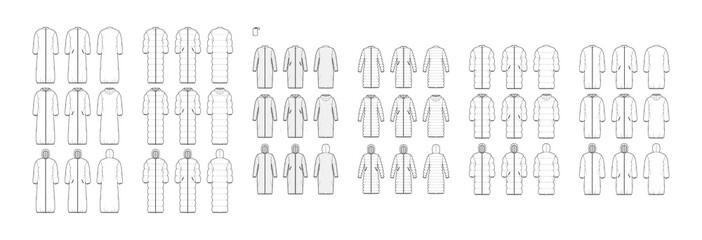 Set of Down puffer coats technical fashion illustration with pouch, stand hoody collar, pockets, midi maxi length, quilting. Flat template front, back, white color. Women, men, unisex top CAD mockup © Vectoressa
