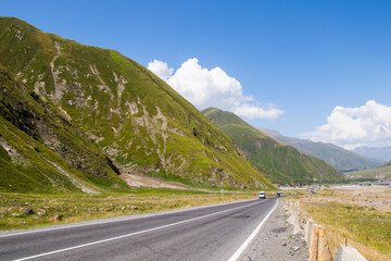 Fototapeta premium Highway and road landscape and view in Khazbegi, Georgia