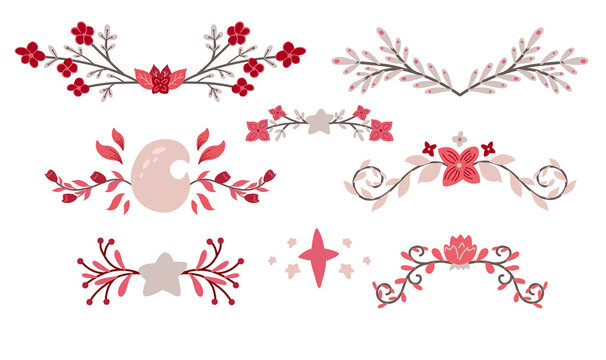 Set of delicate spacers with twig, moon and star. Vector nature design elements. Gently plant text delimiters for articles, invitations and cards. Natural design element with boho decoration