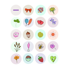 Fototapeta na wymiar 20 Instagram highlight Icons. Set of color icons for social networks. Doodle set.