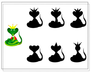 A logical game for children, find the right shadow. cute cartoon snake in a crown, vector isolated on a white background