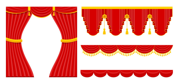 Curtains with lambrequins on the stage of the theater, concert hall.