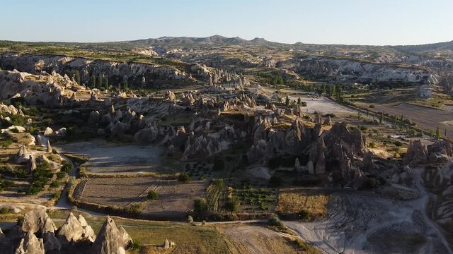 Drone shot of the mountains in Cappadocia, Turkey
