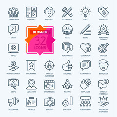 Blogger, blogging, blog -  thin line web icon set. Outline icons collection. Simple vector illustration.