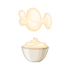 Mayonnaise in small round bowl on a white isolated background. Creamy sauce stain. Side view. Vector set in the cartoon style