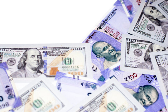 Close-up Exchange US dollar and Indian rupees on isolated white background.