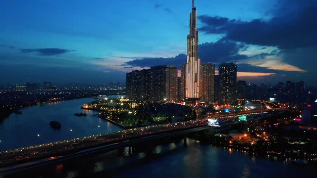 Ho Chi Minh City Sunset timelapse, Vietnam - Aerial Drone View