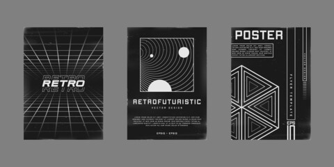 Set of retrofuturistic design posters. Cyberpunk 80s style posters with perspective grids, black hole tunnel, and hexagon shapes. Shabby scratched flyer template for your design. Vector