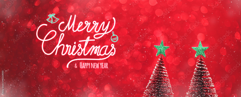 Aufkleber merry christmas and happy new year text over xmas tree and green start on red glitter sparkling ligh