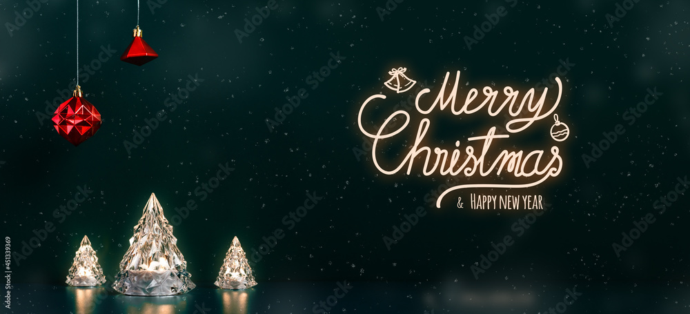 Poster merry christmas and happy new year text glowing on xmas tree lamp lights with red baubles hanging on