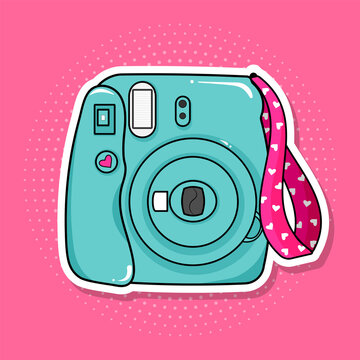Sticker, polaroid camera with pink trinket, hearts, icon on pop art retro  vintage background, trendy color illustration vector de Stock | Adobe Stock