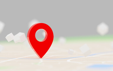 3D Rendering red GPS pinpoint of destination on the map, for navigator and route for travel concept, select focus shallow depth of field