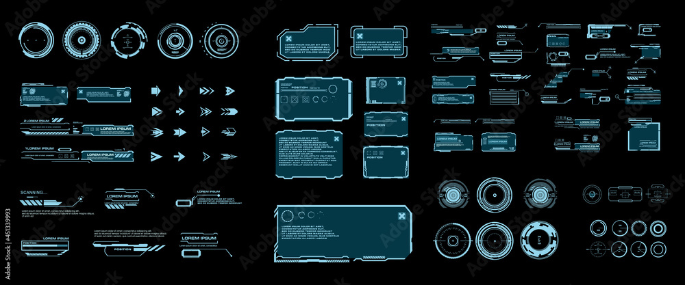 Fototapete Futuristic set of HUD elements, GUI  HUD user interface. Callouts, headers, frames, arrows, pointers, circles, targets, information and dialog boxes. Elements game design in the HUD  style 