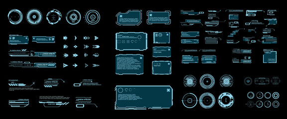 Futuristic set of HUD elements, GUI  HUD user interface. Callouts, headers, frames, arrows, pointers, circles, targets, information and dialog boxes. Elements game design in the HUD  style 