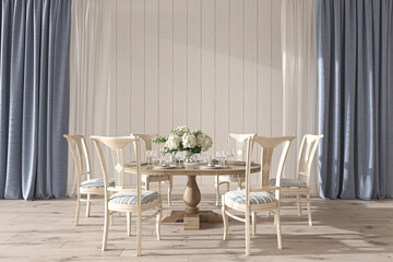 Coastal design wedding room interior with dining table. Mock up white wall in beautiful house background. Hampton style 3d render illustration.