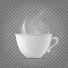 White cup with hot drink and steam.