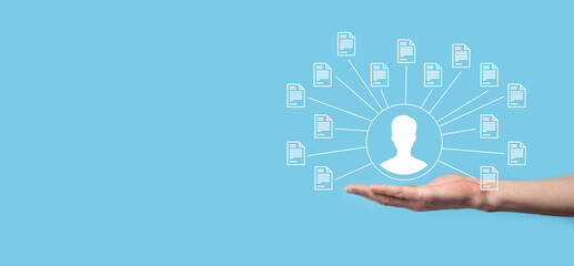 Document Management System DMS .Businessman hold user and document icon.Software for archiving, searching and managing corporate files and information.Internet Technology Concept.Digital security.