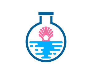 Simple bottle laboratory with abstract beach and clams