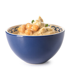 Bowl with tasty hummus on white background