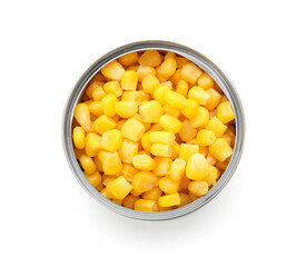 Opened tin can of corn kernels on white background