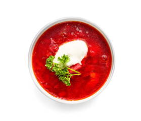 Bowl of tasty borscht with sour cream on white background
