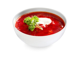 Bowl of tasty borscht with sour cream on white background