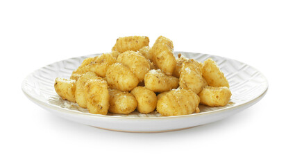 Plate with tasty pesto gnocchi on white background