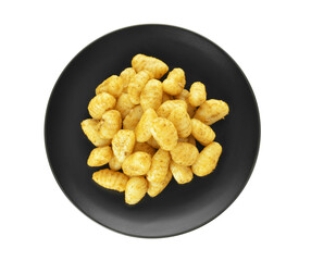 Plate with tasty pesto gnocchi on white background