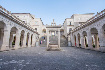 Montecassino, Italy - September 29, 2019: cloister of Montecassino abbey, rebuilding after second world war - obrazy, fototapety, plakaty