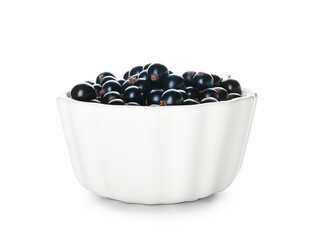 Bowl with ripe black currant on white background
