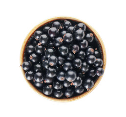 Bowl with ripe black currant on white background