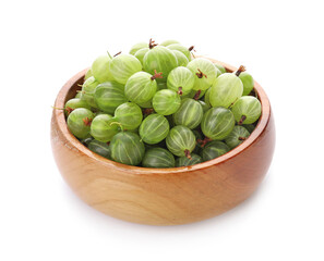 Bowl with fresh ripe gooseberry on white background