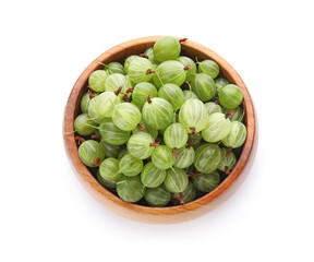 Bowl with fresh ripe gooseberry on white background