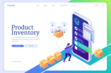 Product inventory isometric landing page, banner