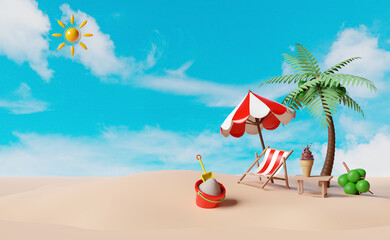 summer travel with ice cream cones,beach,bucket,chair,island,umbrella,coconut tree,cloud,sun isolated on blue sky background, concept 3d illustration or 3d render