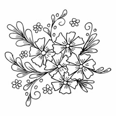 Freehand drawing of black and white flowers and leaves. Vector drawing for a coloring book. Doodle or sketch style.