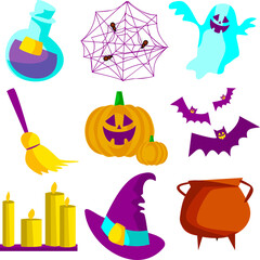 A set of Halloween elements: a ghost, funny pumpkins, a hat, a flask with a potion, a spider web, a broom, candles, a cauldron.