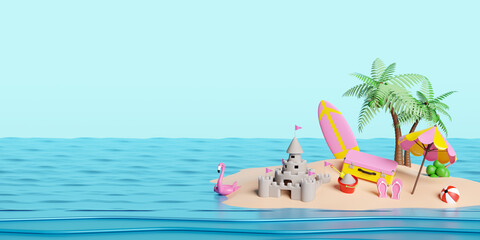 Fototapeta na wymiar summer travel with yellow suitcase, sand castle,surfboard,island,umbrella,Inflatable flamingo,coconut tree,sandals,sea isolated on blue sky background, concept 3d illustration or 3d render