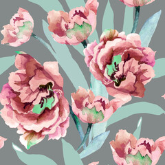 Pink tulips watercolor on grey background seamless pattern for all prints.